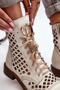 Damskie Zazoo 2695 Ażurowe Skórzane Botki Przecierany