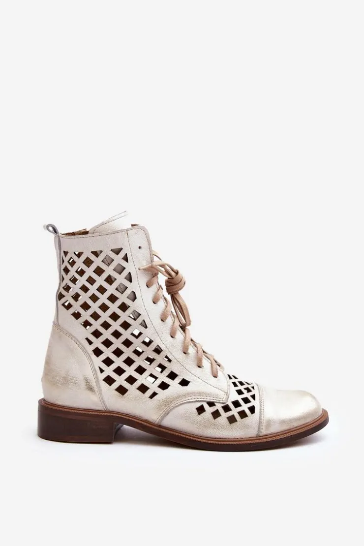 Damskie Zazoo 2695 Ażurowe Skórzane Botki Przecierany
