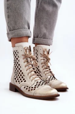 Damskie Zazoo 2695 Ażurowe Skórzane Botki Przecierany