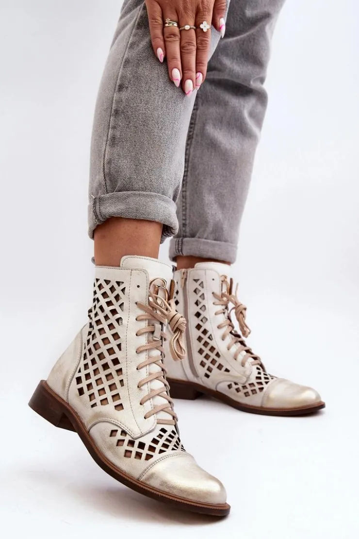 Damskie Zazoo 2695 Ażurowe Skórzane Botki Przecierany