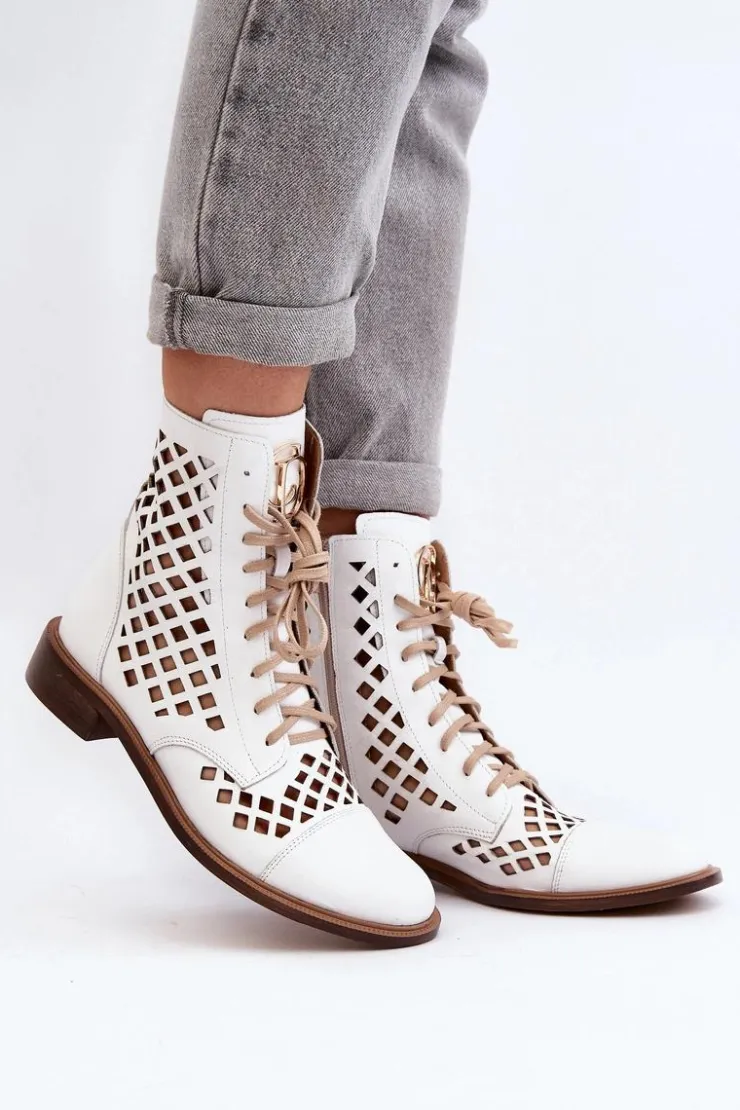 Online Zazoo 2695 Ażurowe Skórzane Botki Białe Biały