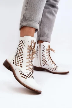 Online Zazoo 2695 Ażurowe Skórzane Botki Białe Biały