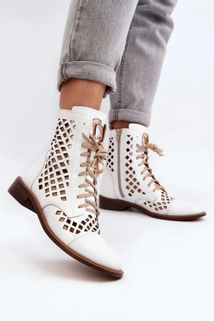 Online Zazoo 2695 Ażurowe Skórzane Botki Białe Biały