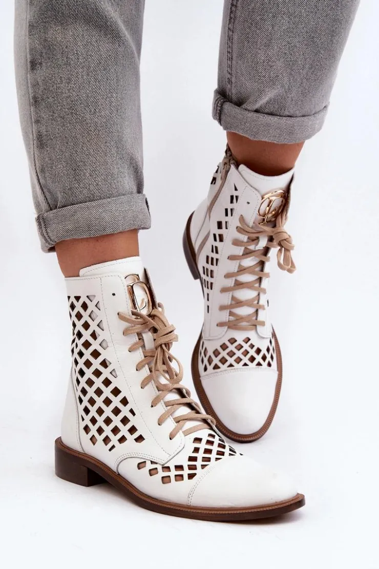Online Zazoo 2695 Ażurowe Skórzane Botki Białe Biały
