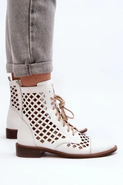 Online Zazoo 2695 Ażurowe Skórzane Botki Białe Biały