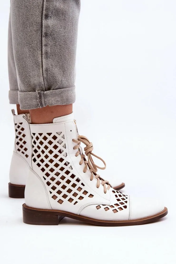 Online Zazoo 2695 Ażurowe Skórzane Botki Białe Biały