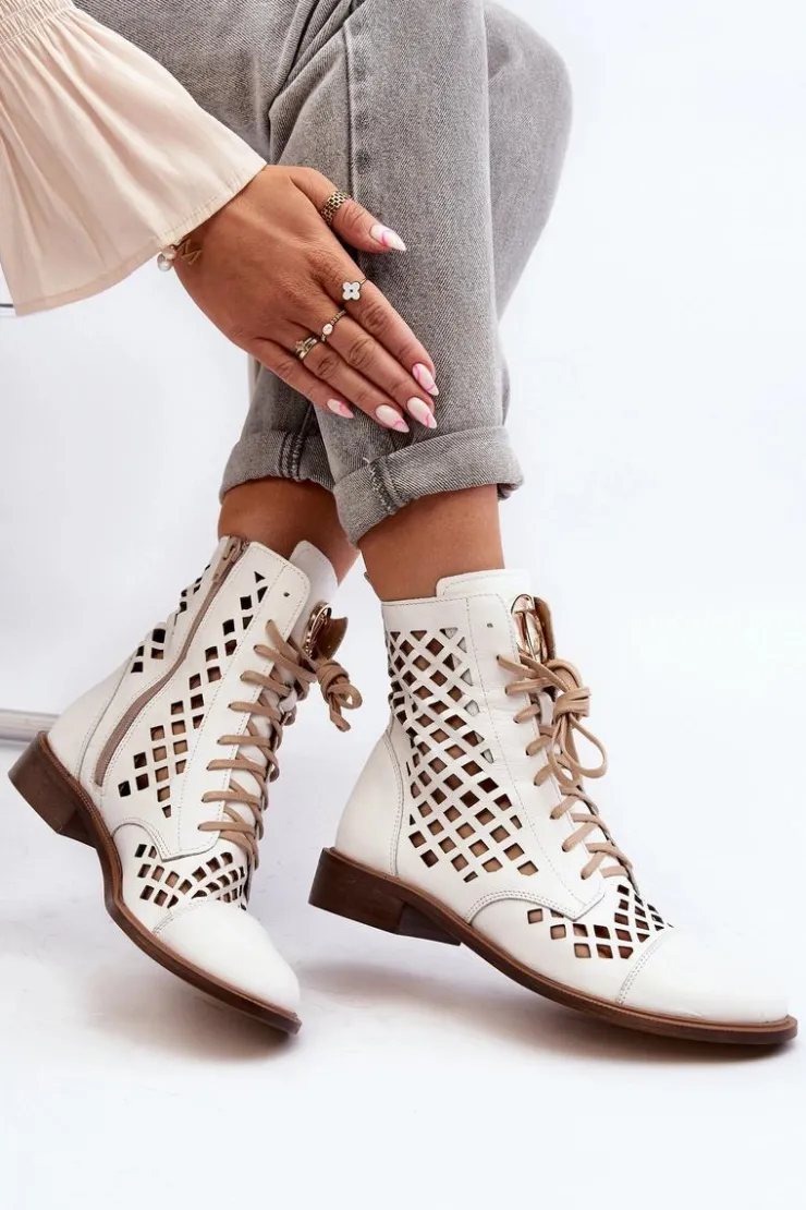 Online Zazoo 2695 Ażurowe Skórzane Botki Białe Biały