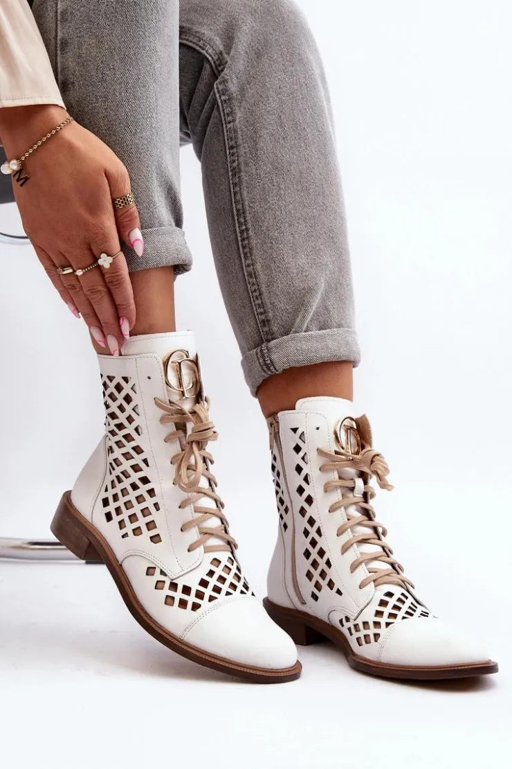 Online Zazoo 2695 Ażurowe Skórzane Botki Białe Biały