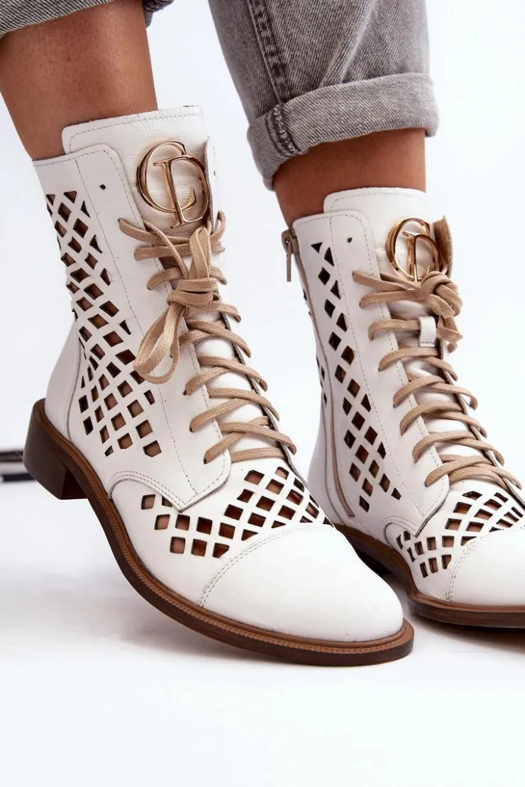 Online Zazoo 2695 Ażurowe Skórzane Botki Białe Biały