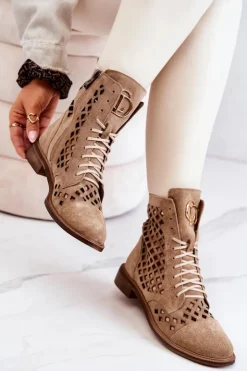 Zazoo Botki Wiosenne|Botki Sznurowane*2695 Ażurowe Skórzane Botki Camel Brązowy