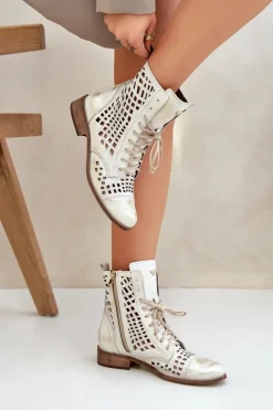 Clearance Zazoo 2627 Ażurowe Skórzane Botki Złoty Przecierany