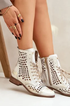 Clearance Zazoo 2627 Ażurowe Skórzane Botki Złoty Przecierany