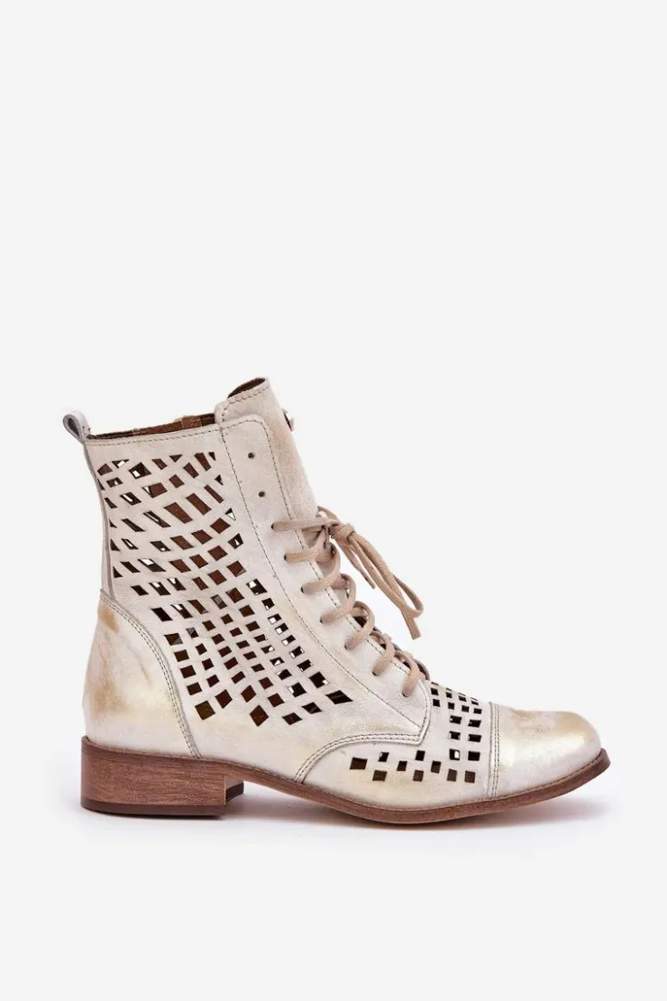 Clearance Zazoo 2627 Ażurowe Skórzane Botki Złoty Przecierany