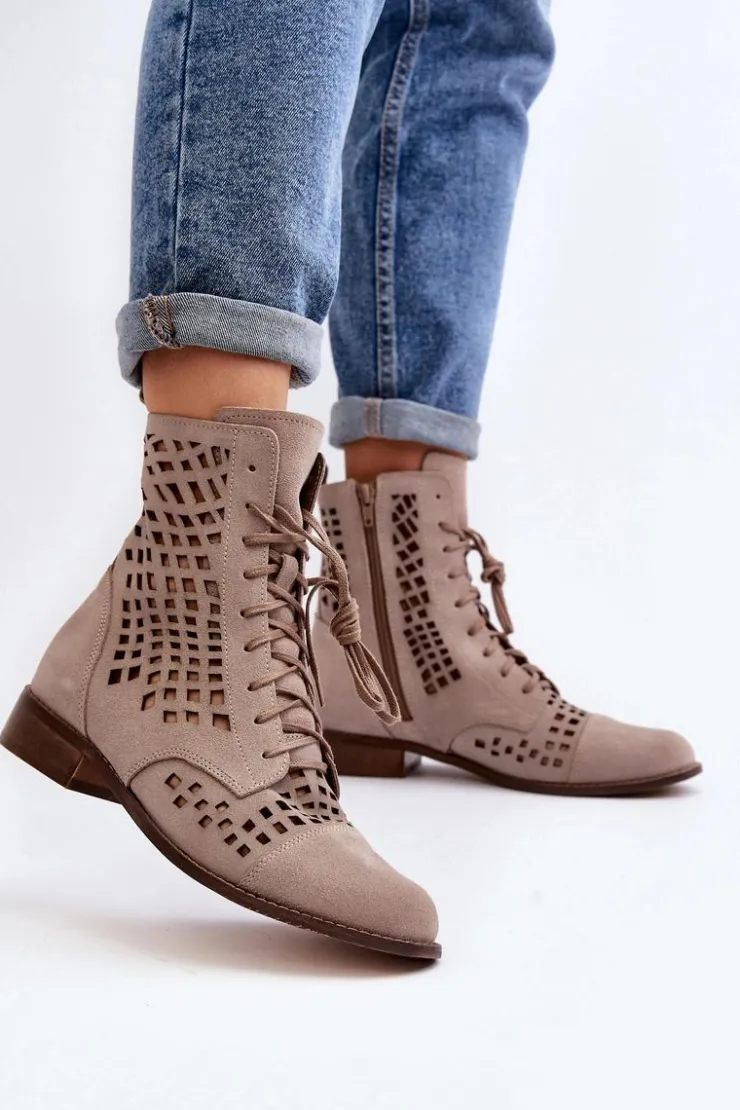 Damskie Zazoo 2627 Ażurowe Skórzane Botki Beżowe