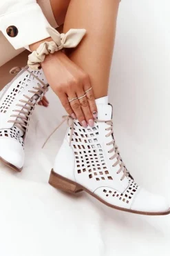Discount Zazoo 2627 Ażurowe Skórzane Botki Białe Biały