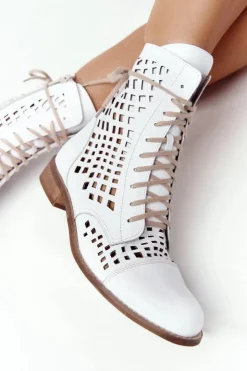 Discount Zazoo 2627 Ażurowe Skórzane Botki Białe Biały