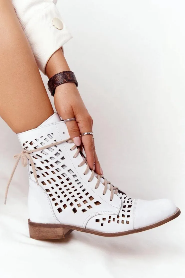 Discount Zazoo 2627 Ażurowe Skórzane Botki Białe Biały