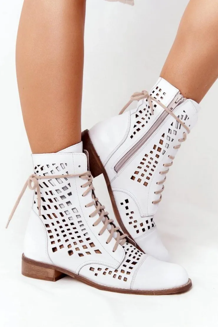 Discount Zazoo 2627 Ażurowe Skórzane Botki Białe Biały