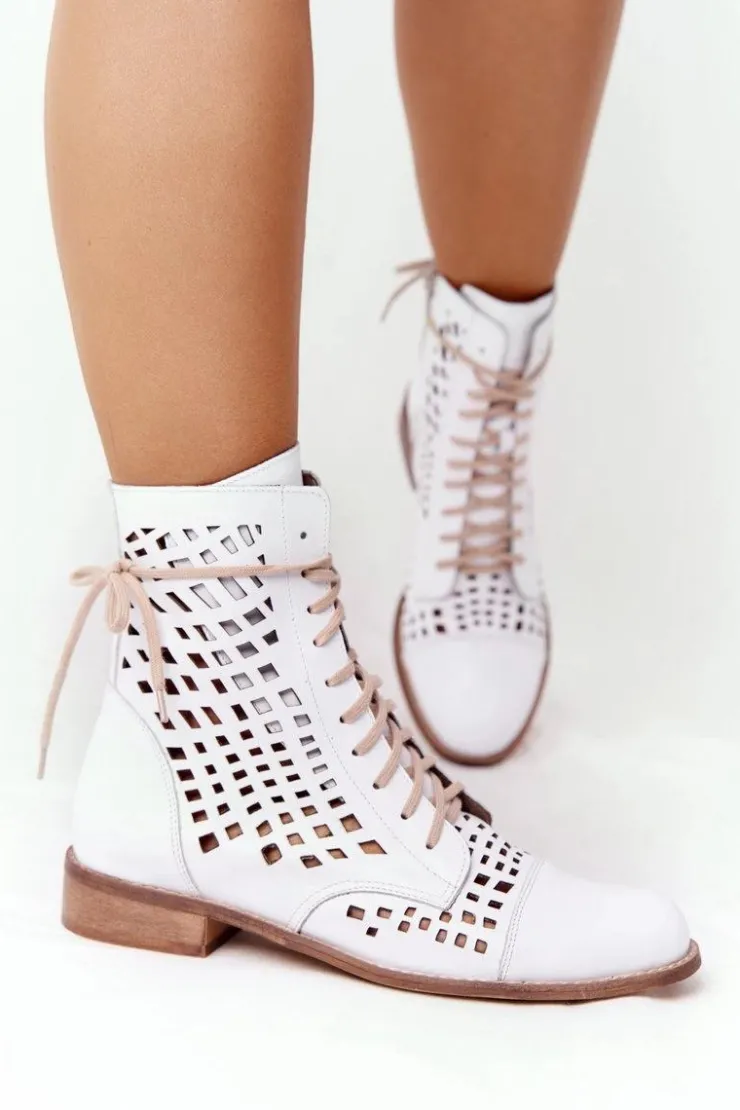 Discount Zazoo 2627 Ażurowe Skórzane Botki Białe Biały