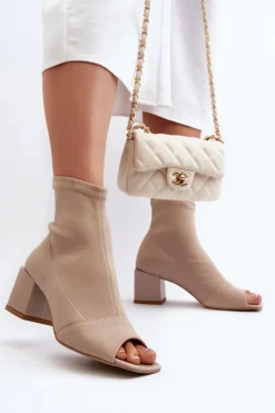 New Zazoo 2876 Botki Damskie Na Obcasie Z Odkrytymi Noskami Beżowe