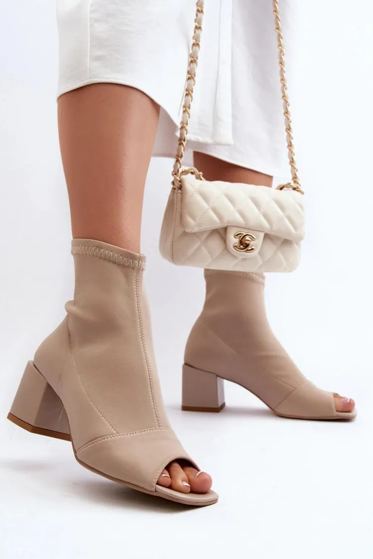 New Zazoo 2876 Botki Damskie Na Obcasie Z Odkrytymi Noskami Beżowe