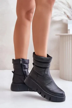 Zazoo Botki Ocieplane|Botki Skórzane*60512 Botki Damskie Skórzane Na Zamek Ocieplane Filcem Czarne Czarny