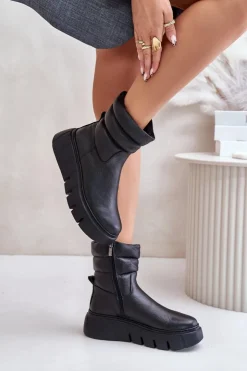 Zazoo Botki Ocieplane|Botki Skórzane*60512 Botki Damskie Skórzane Na Zamek Ocieplane Filcem Czarne Czarny