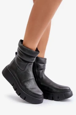 Zazoo Botki Ocieplane|Botki Skórzane*60512 Botki Damskie Skórzane Na Zamek Ocieplane Filcem Czarne Czarny