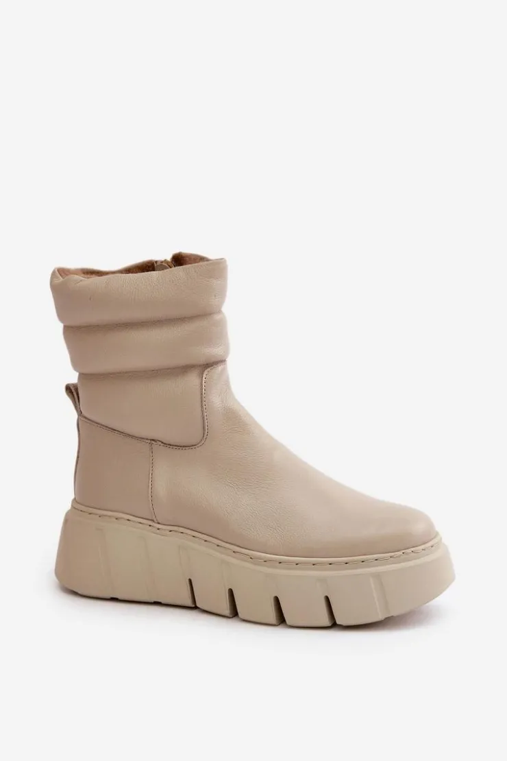 Damskie Zazoo 60512 Botki Damskie Skórzane Na Zamek Ocieplane Filcem Jasnobeżowe