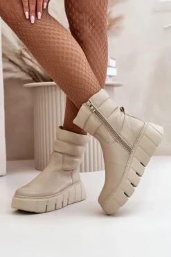 Damskie Zazoo 60512 Botki Damskie Skórzane Na Zamek Ocieplane Filcem Jasnobeżowe