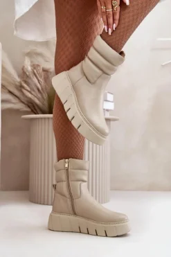 Damskie Zazoo 60512 Botki Damskie Skórzane Na Zamek Ocieplane Filcem Jasnobeżowe