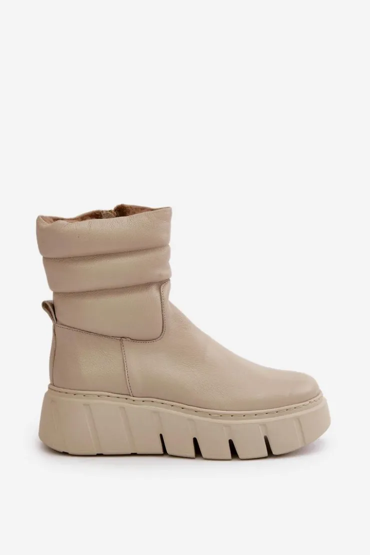 Damskie Zazoo 60512 Botki Damskie Skórzane Na Zamek Ocieplane Filcem Jasnobeżowe