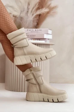 Damskie Zazoo 60512 Botki Damskie Skórzane Na Zamek Ocieplane Filcem Jasnobeżowe