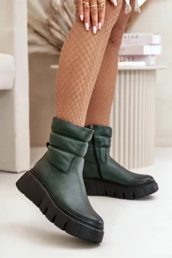 Zazoo Botki Ocieplane|Botki Skórzane*60512 Botki Damskie Skórzane Na Zamek Ocieplane Filcem Ciemnozielone Zielony