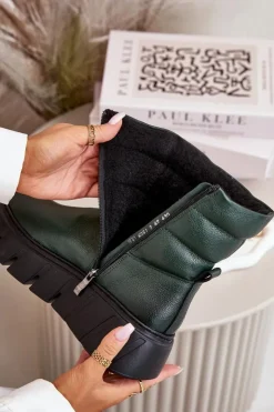 Zazoo Botki Ocieplane|Botki Skórzane*60512 Botki Damskie Skórzane Na Zamek Ocieplane Filcem Ciemnozielone Zielony