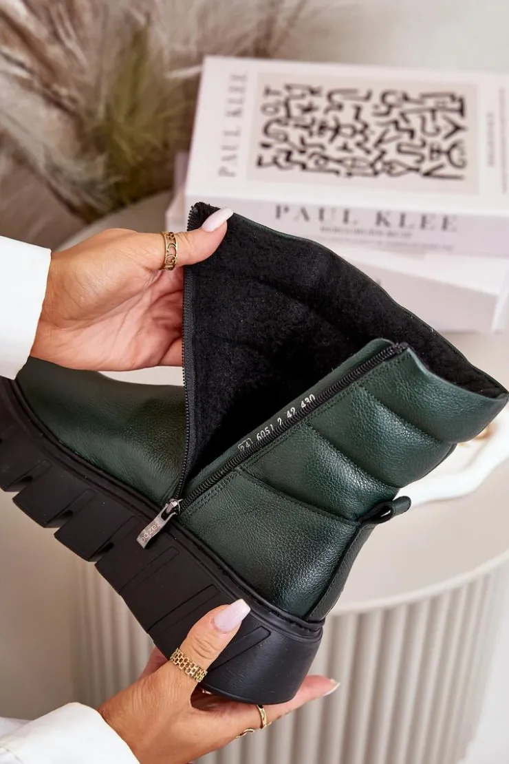 Zazoo Botki Ocieplane|Botki Skórzane*60512 Botki Damskie Skórzane Na Zamek Ocieplane Filcem Ciemnozielone Zielony