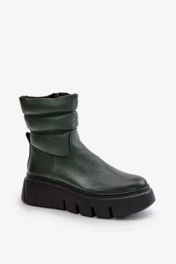 Zazoo Botki Ocieplane|Botki Skórzane*60512 Botki Damskie Skórzane Na Zamek Ocieplane Filcem Ciemnozielone Zielony