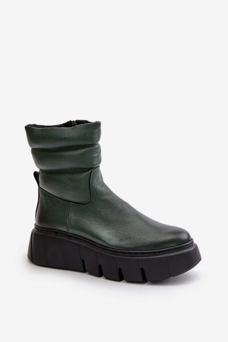 Zazoo Botki Ocieplane|Botki Skórzane*60512 Botki Damskie Skórzane Na Zamek Ocieplane Filcem Ciemnozielone Zielony