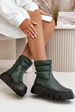 Zazoo Botki Ocieplane|Botki Skórzane*60512 Botki Damskie Skórzane Na Zamek Ocieplane Filcem Ciemnozielone Zielony