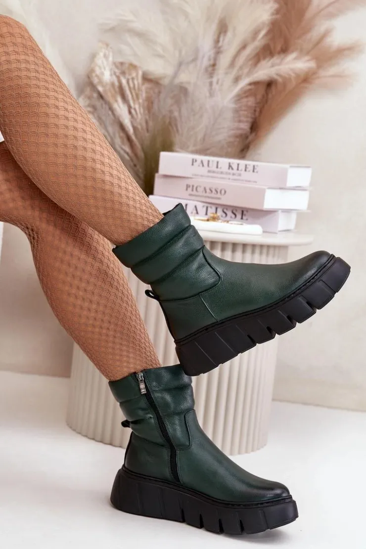 Zazoo Botki Ocieplane|Botki Skórzane*60512 Botki Damskie Skórzane Na Zamek Ocieplane Filcem Ciemnozielone Zielony