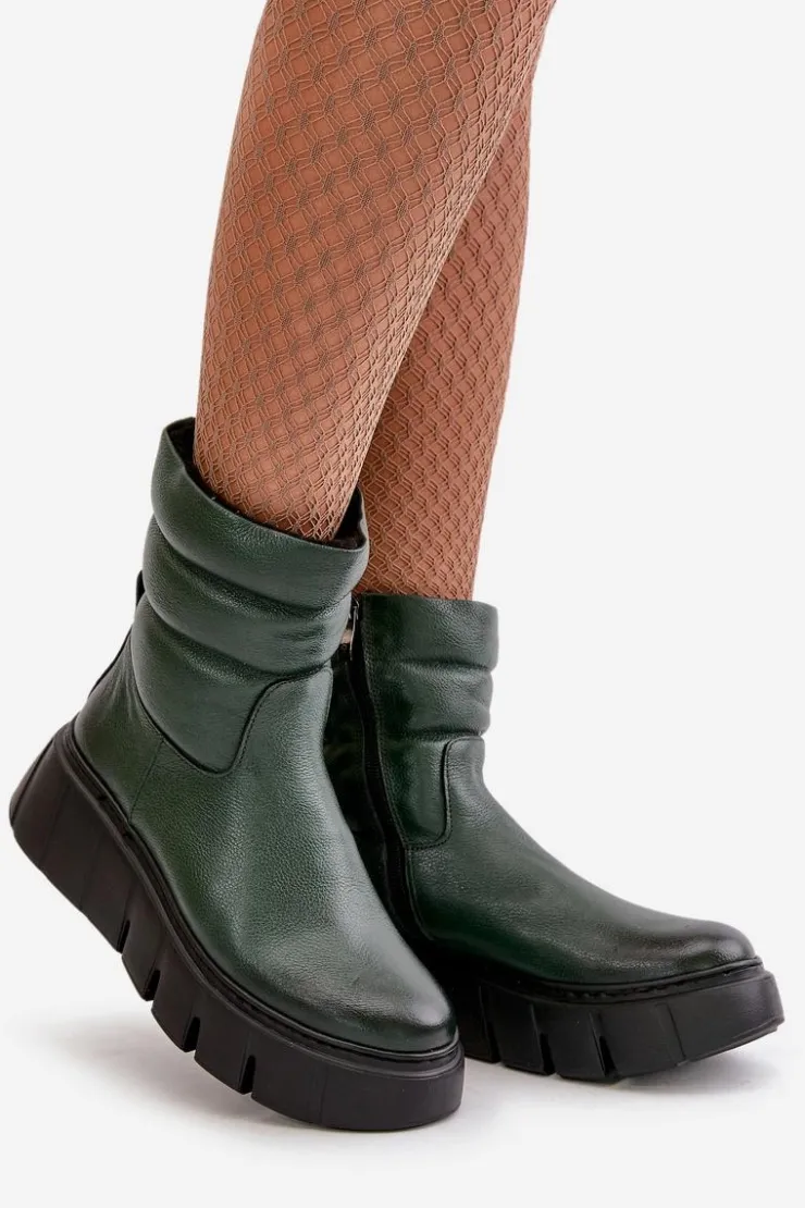 Zazoo Botki Ocieplane|Botki Skórzane*60512 Botki Damskie Skórzane Na Zamek Ocieplane Filcem Ciemnozielone Zielony