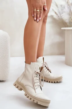 Damskie Zazoo 2831 Botki Damskie Ze Skóry Naturalnej Jasnobeżowe