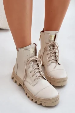 Damskie Zazoo 2831 Botki Damskie Ze Skóry Naturalnej Jasnobeżowe