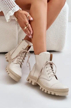 Damskie Zazoo 2831 Botki Damskie Ze Skóry Naturalnej Jasnobeżowe