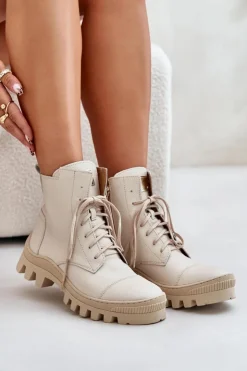 Damskie Zazoo 2831 Botki Damskie Ze Skóry Naturalnej Jasnobeżowe