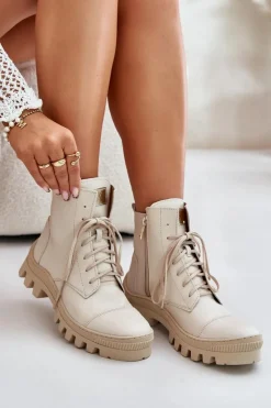 Damskie Zazoo 2831 Botki Damskie Ze Skóry Naturalnej Jasnobeżowe