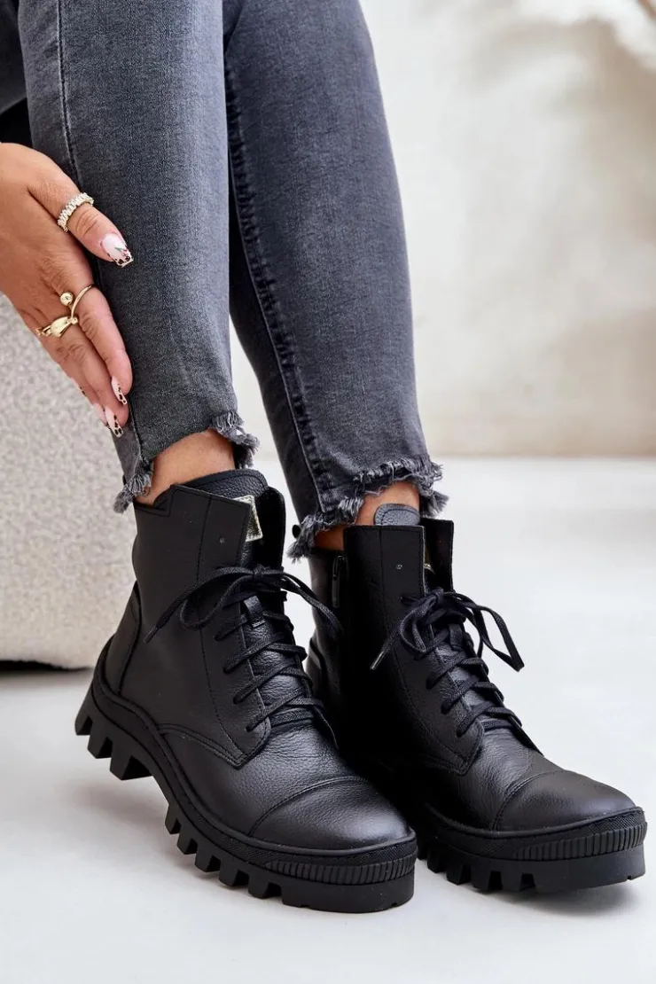 Damskie Zazoo 2831 Botki Damskie Ze Skóry Naturalnej Czarne