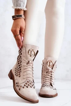 Damskie Zazoo 2695 Botki Skórzane Ażurowe Na Suwak Jasnobeżowe