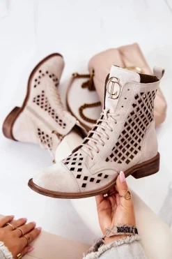 Damskie Zazoo 2695 Botki Skórzane Ażurowe Na Suwak Jasnobeżowe