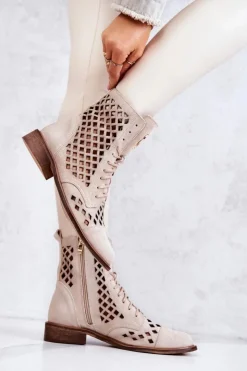 Damskie Zazoo 2695 Botki Skórzane Ażurowe Na Suwak Jasnobeżowe